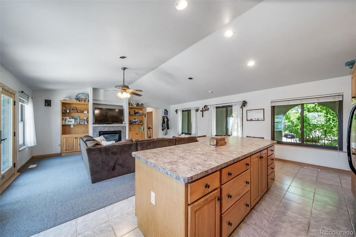 Fireplace, Interior, Kitchen, Living room, Recessed Lighting