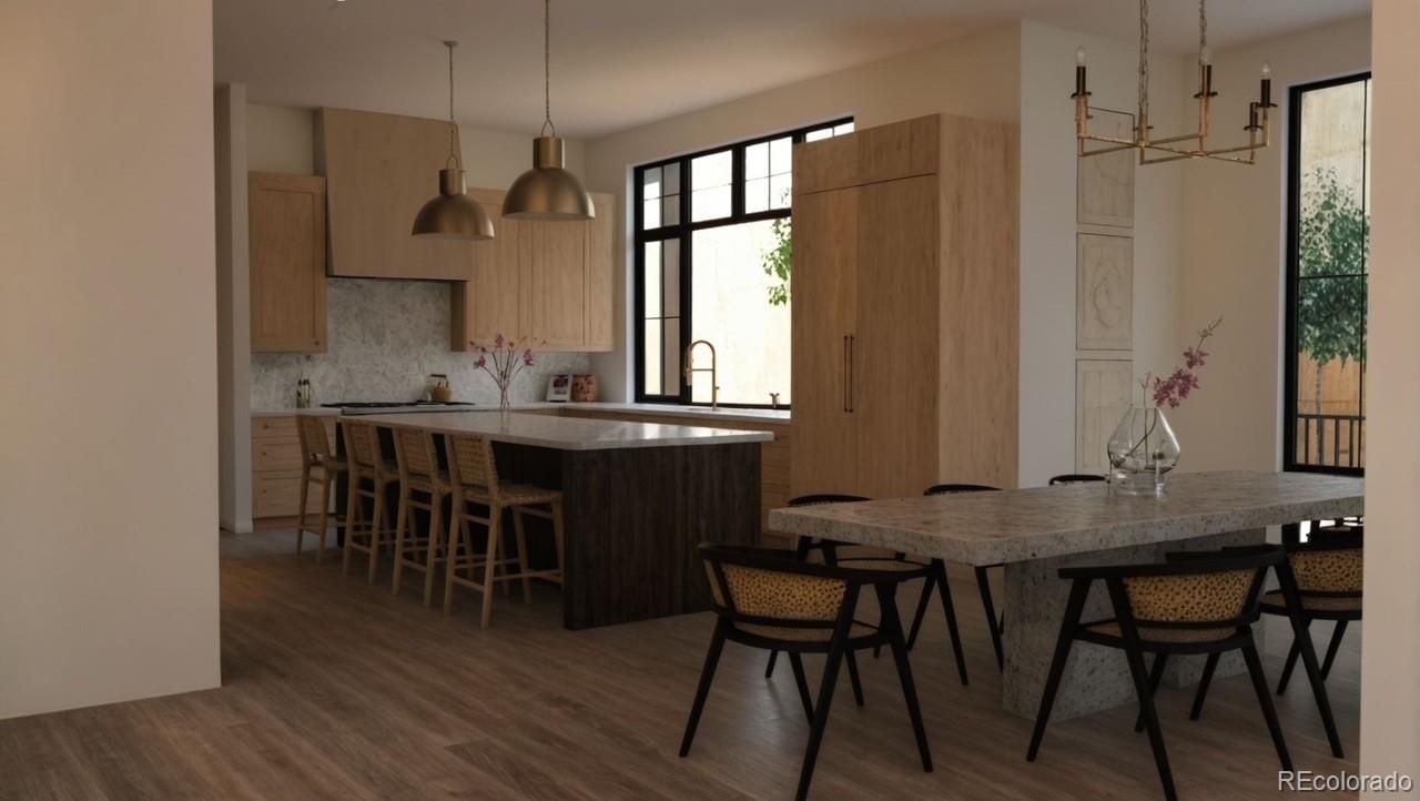 Dining room, Interior, Kitchen, Pendant Lights, Wood Texture Flooring