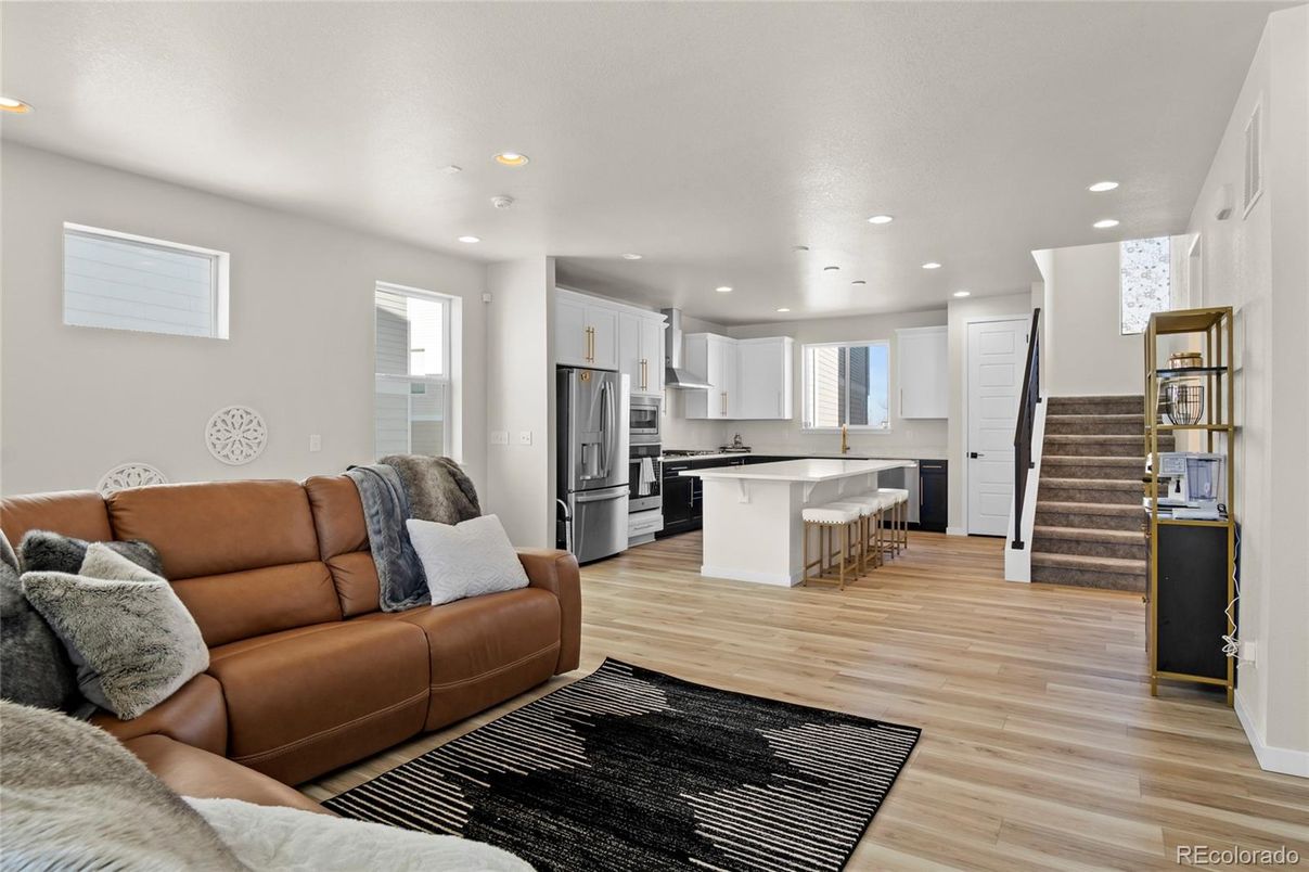 Interior, Kitchen, Living room, Recessed Lighting, Stainless Steel Appliances, Wood Texture Flooring