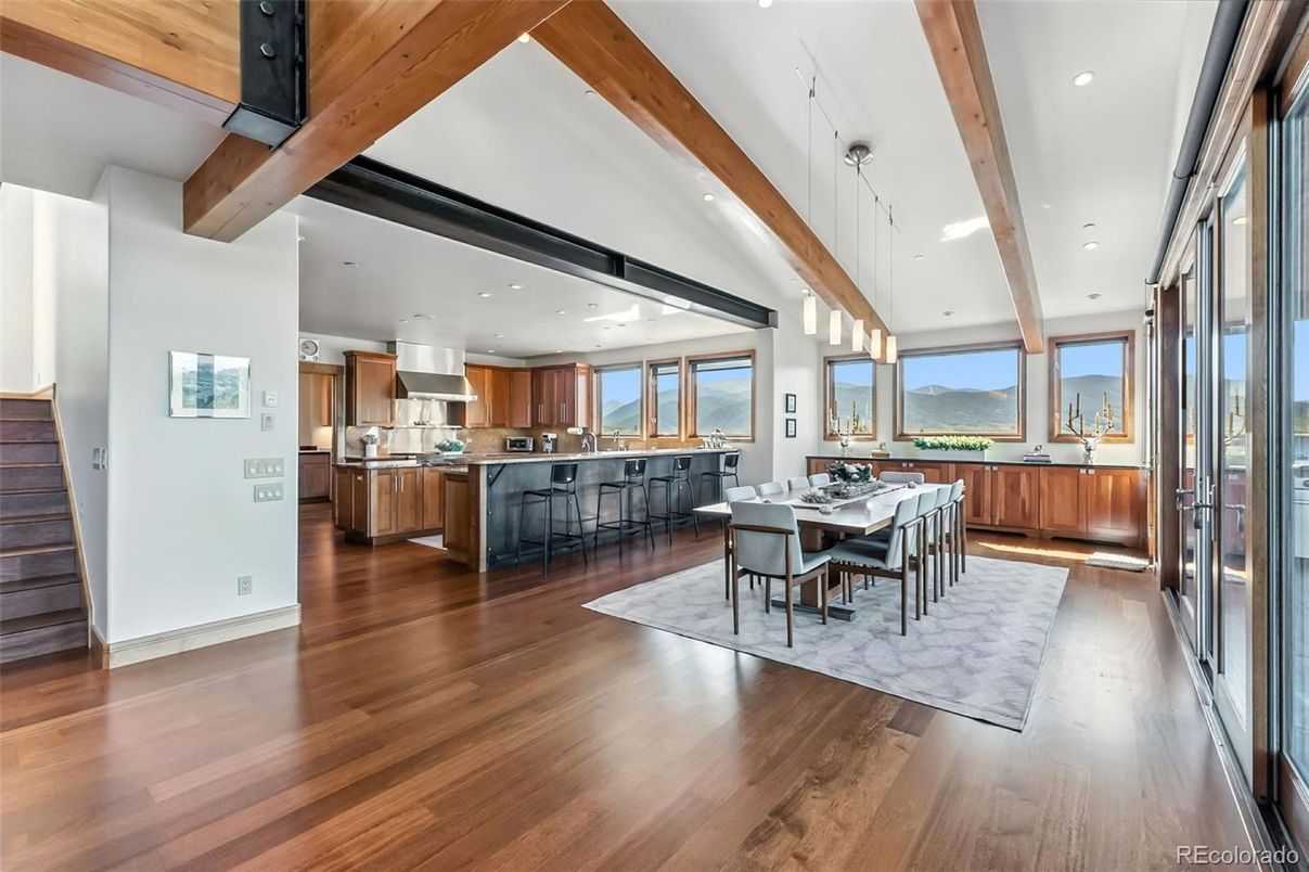 Dining room, Interior, Kitchen, Pendant Lights, Recessed Lighting, Stainless Steel Appliances, Wooden Beams, Wood Texture Flooring
