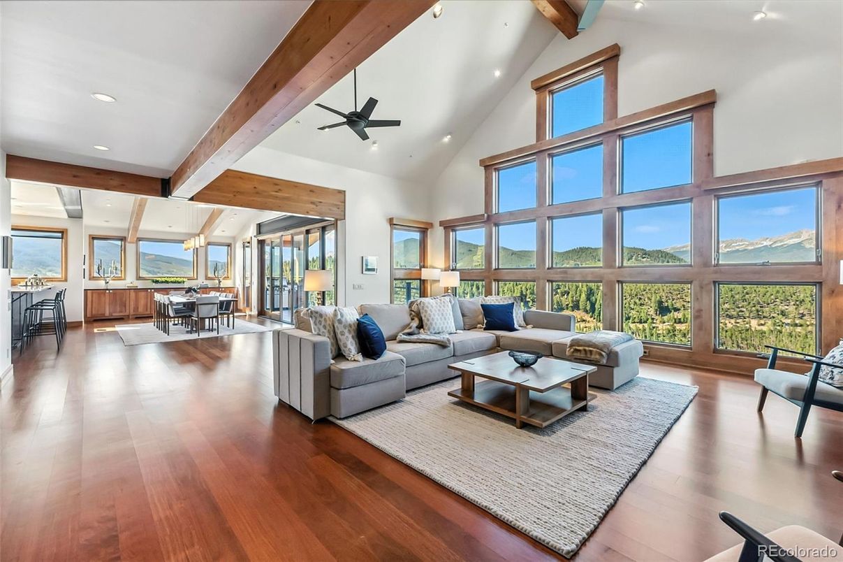 Dining room, Interior, Living room, Recessed Lighting, Wooden Beams, Wood Texture Flooring