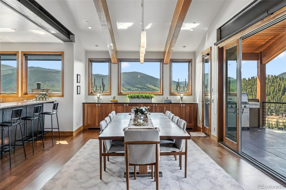 Dining room, Interior, Pendant Lights, Recessed Lighting, Wooden Beams, Wood Texture Flooring
