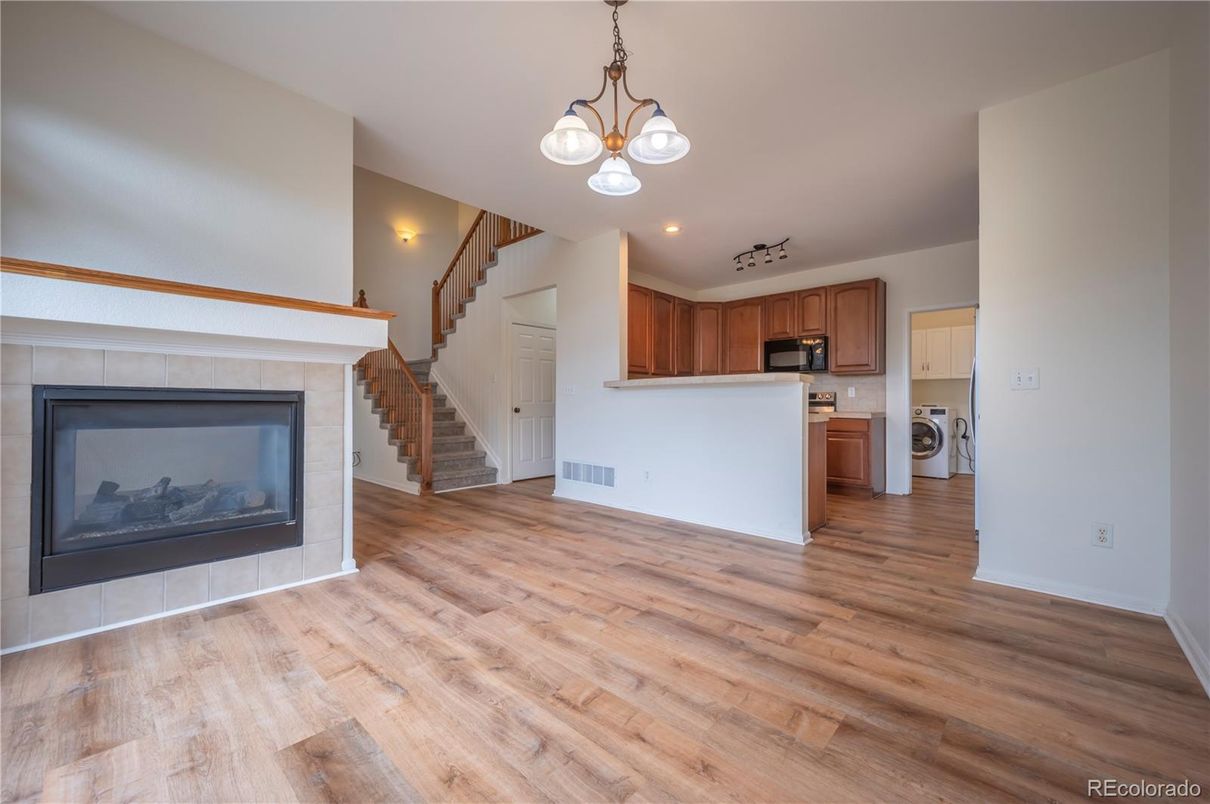 Fireplace, Interior, Kitchen, Pendant Lights, Recessed Lighting, Wood Texture Flooring