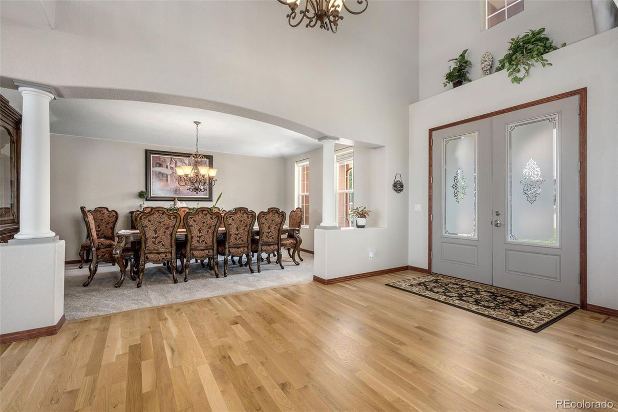 Chandelier, Dining room, Interior, Wood Texture Flooring