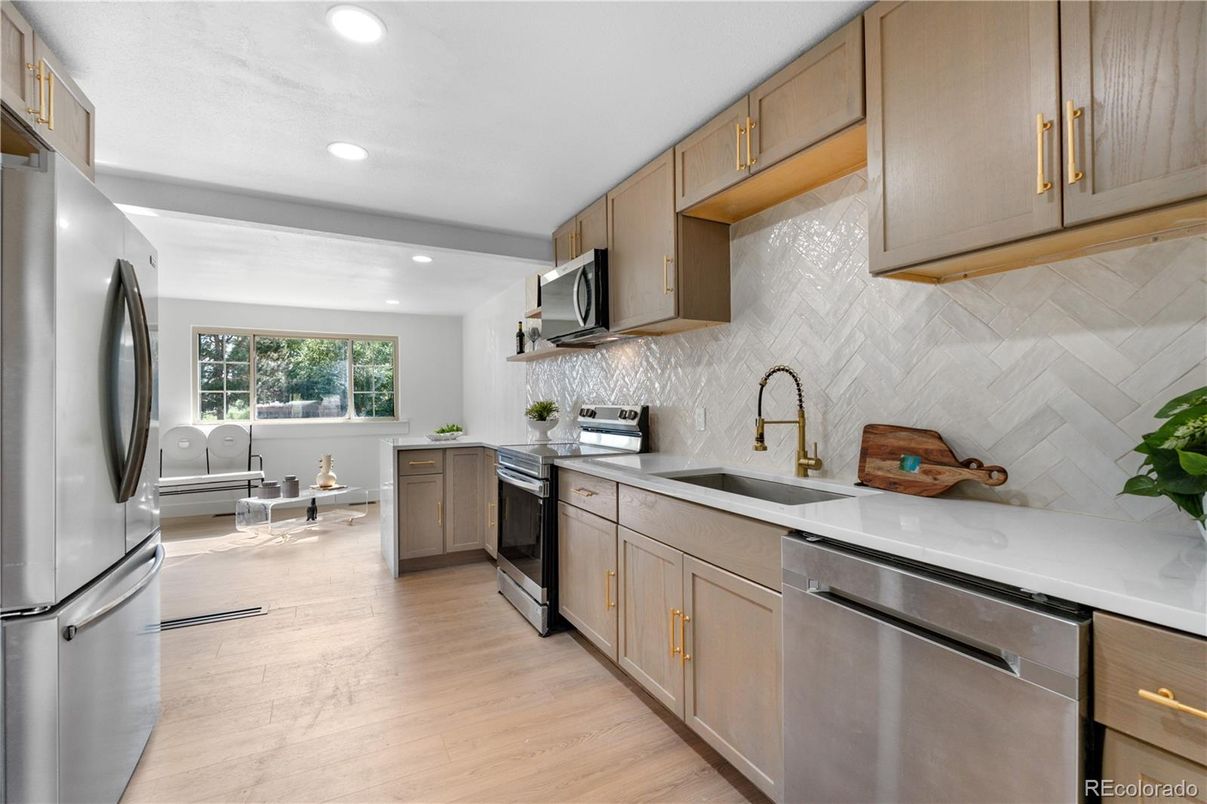 Interior, Kitchen, Recessed Lighting, Stainless Steel Appliances, Wood Texture Flooring