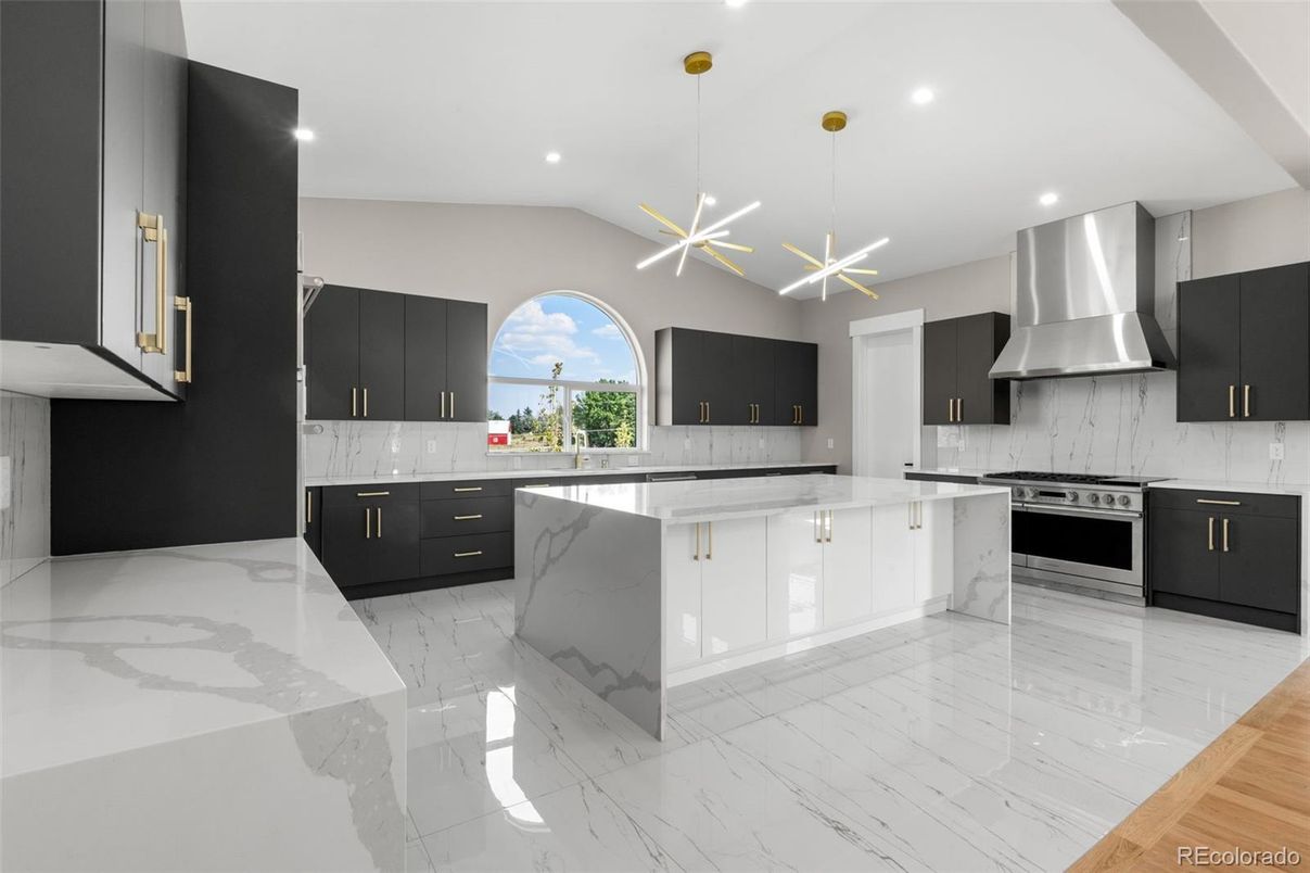 Interior, Kitchen, Marble, Pendant Lights, Recessed Lighting, Stainless Steel Appliances