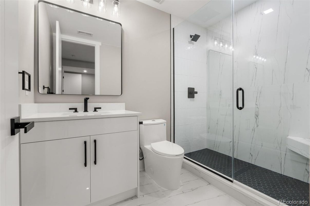 Bathroom, Glass Shower, Interior, Marble, Marble Walls, Recessed Lighting