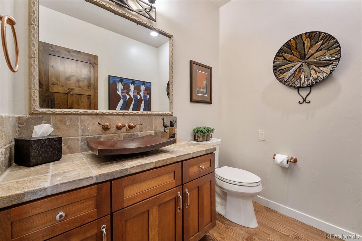 Bathroom, Interior, Tile Countertops, Wood Texture Flooring