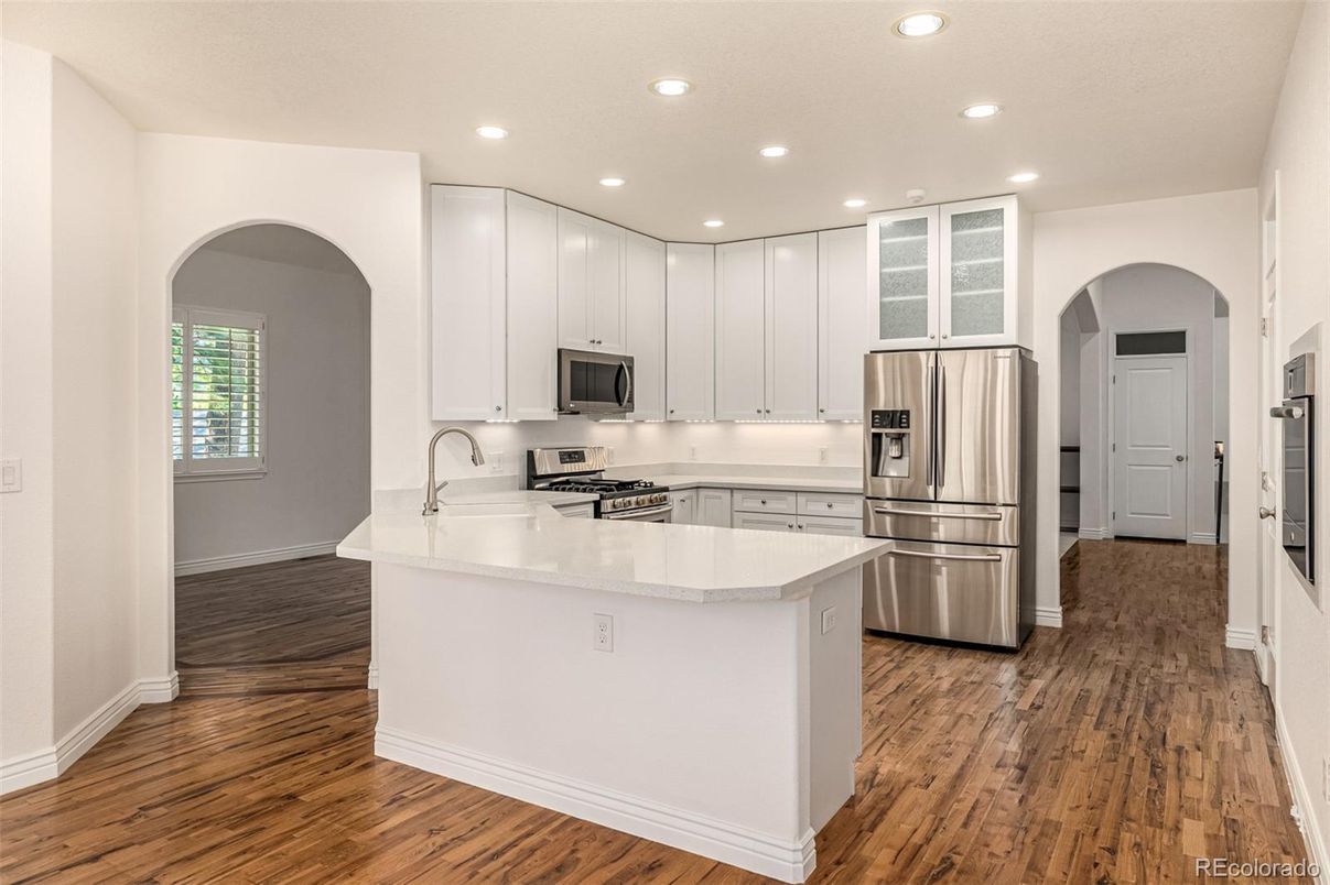 Interior, Kitchen, Recessed Lighting, Stainless Steel Appliances, Wood Texture Flooring