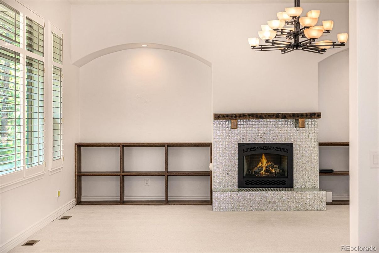 Chandelier, Fireplace, Interior