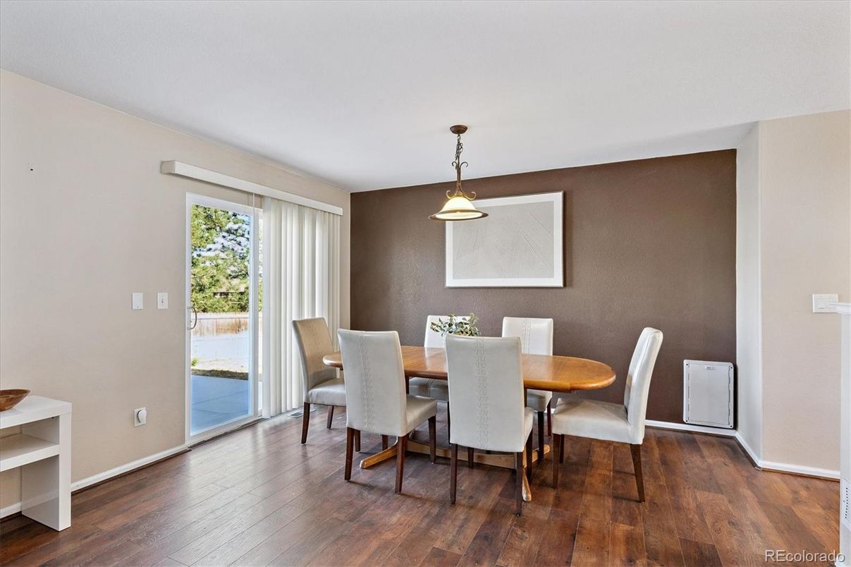 Dining room, Interior, Pendant Lights, Wood Texture Flooring