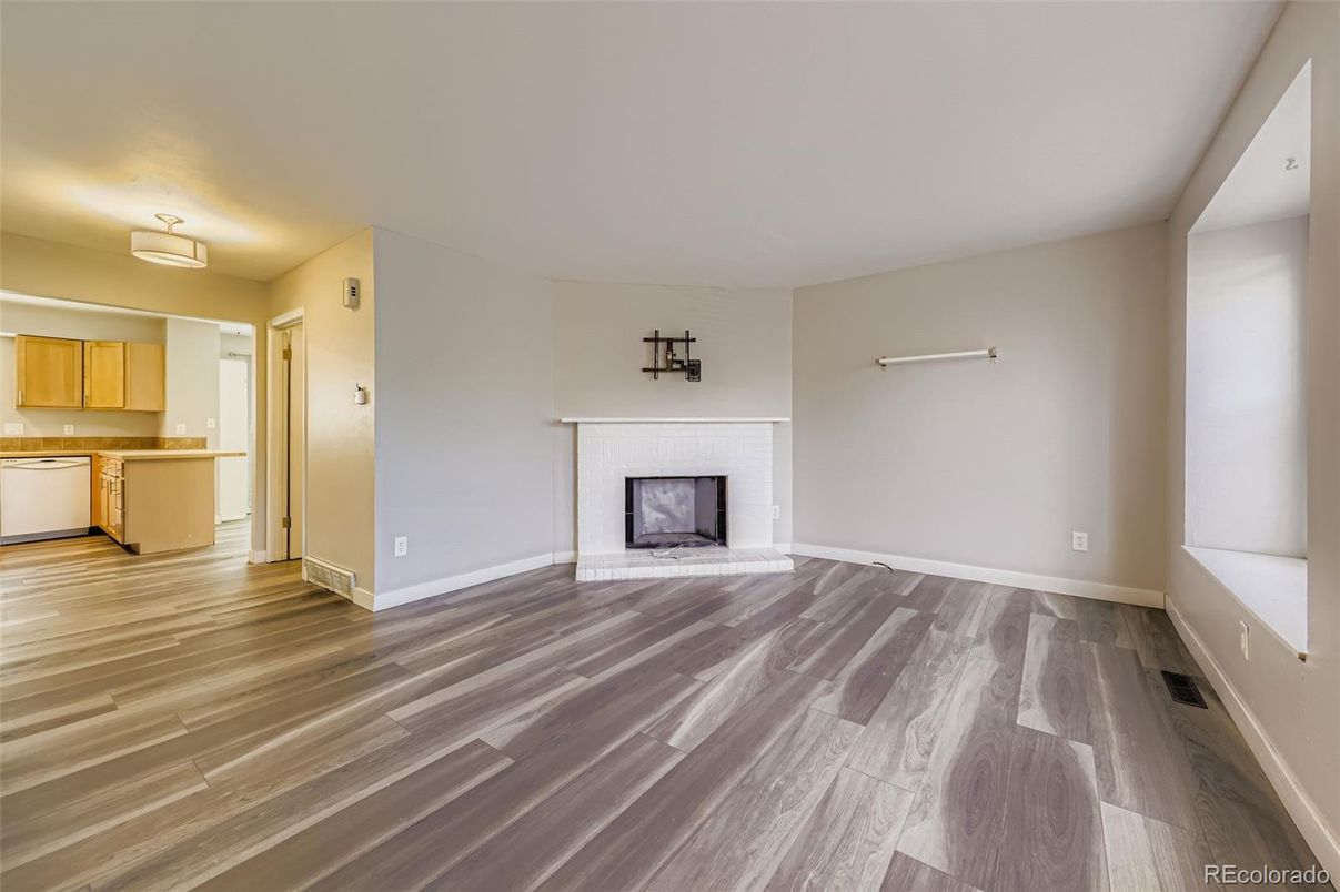 Empty room, Fireplace, Interior, Kitchen, Wood Texture Flooring