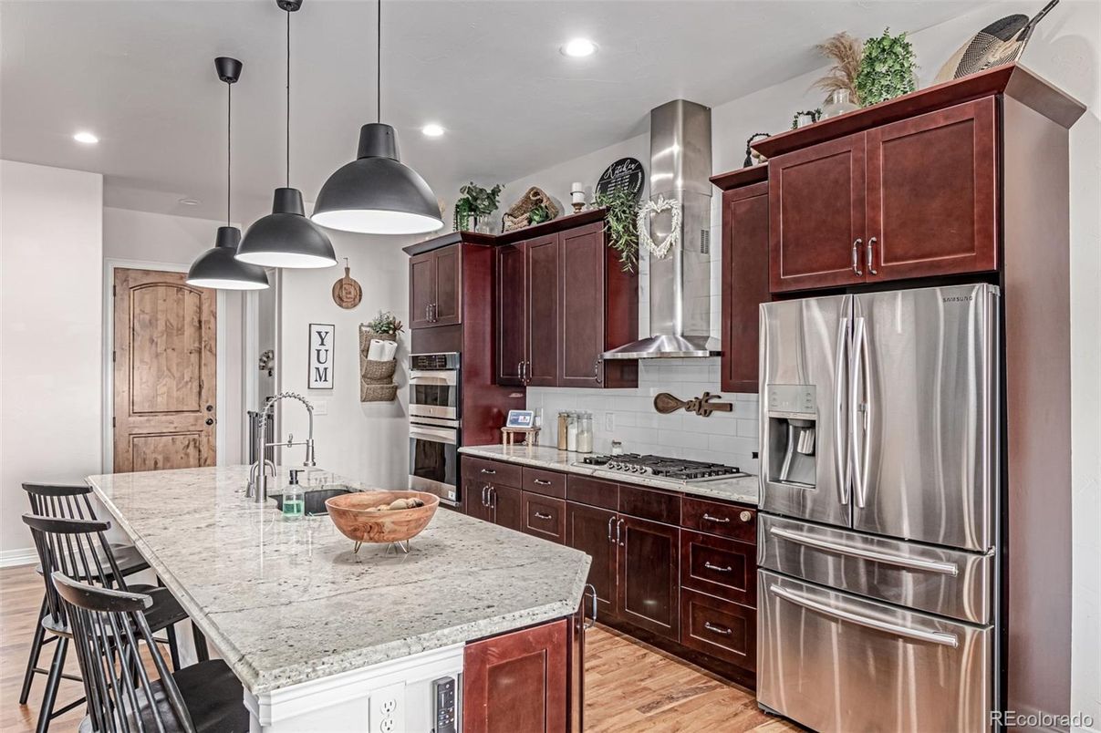 Interior, Kitchen, Pendant Lights, Recessed Lighting, Stainless Steel Appliances, Wood Texture Flooring