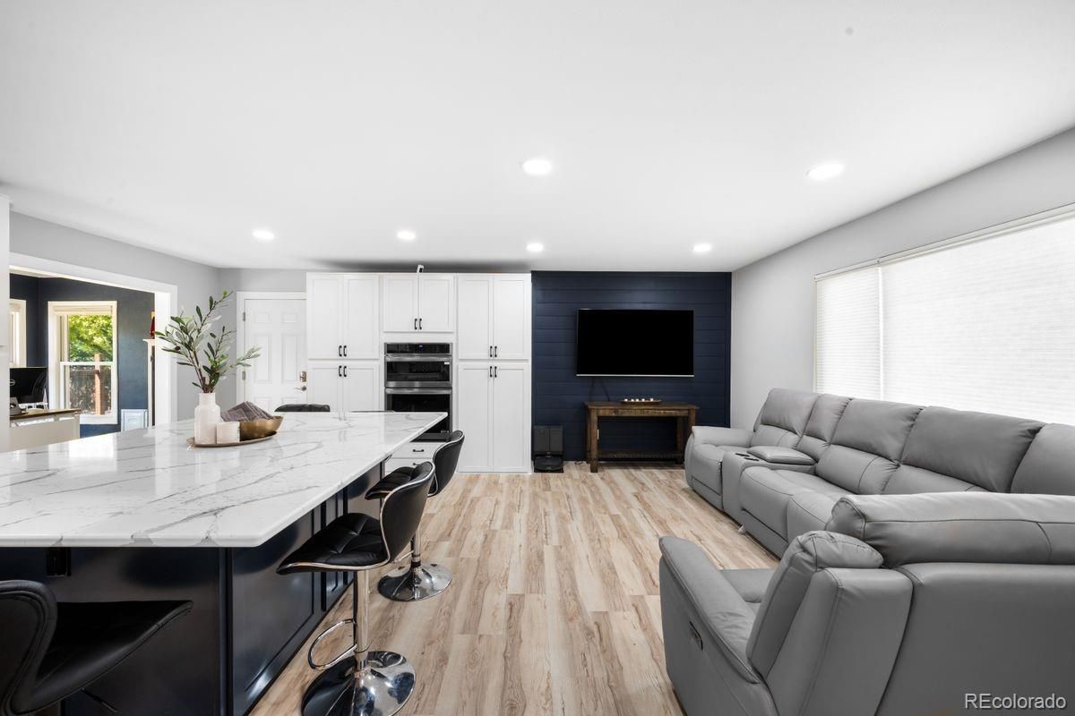 Interior, Kitchen, Living room, Recessed Lighting, Stainless Steel Appliances, Wood Texture Flooring