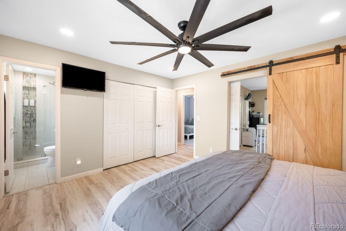 Bathroom, Bedroom, Glass Shower, Interior, Recessed Lighting, Wood Texture Flooring