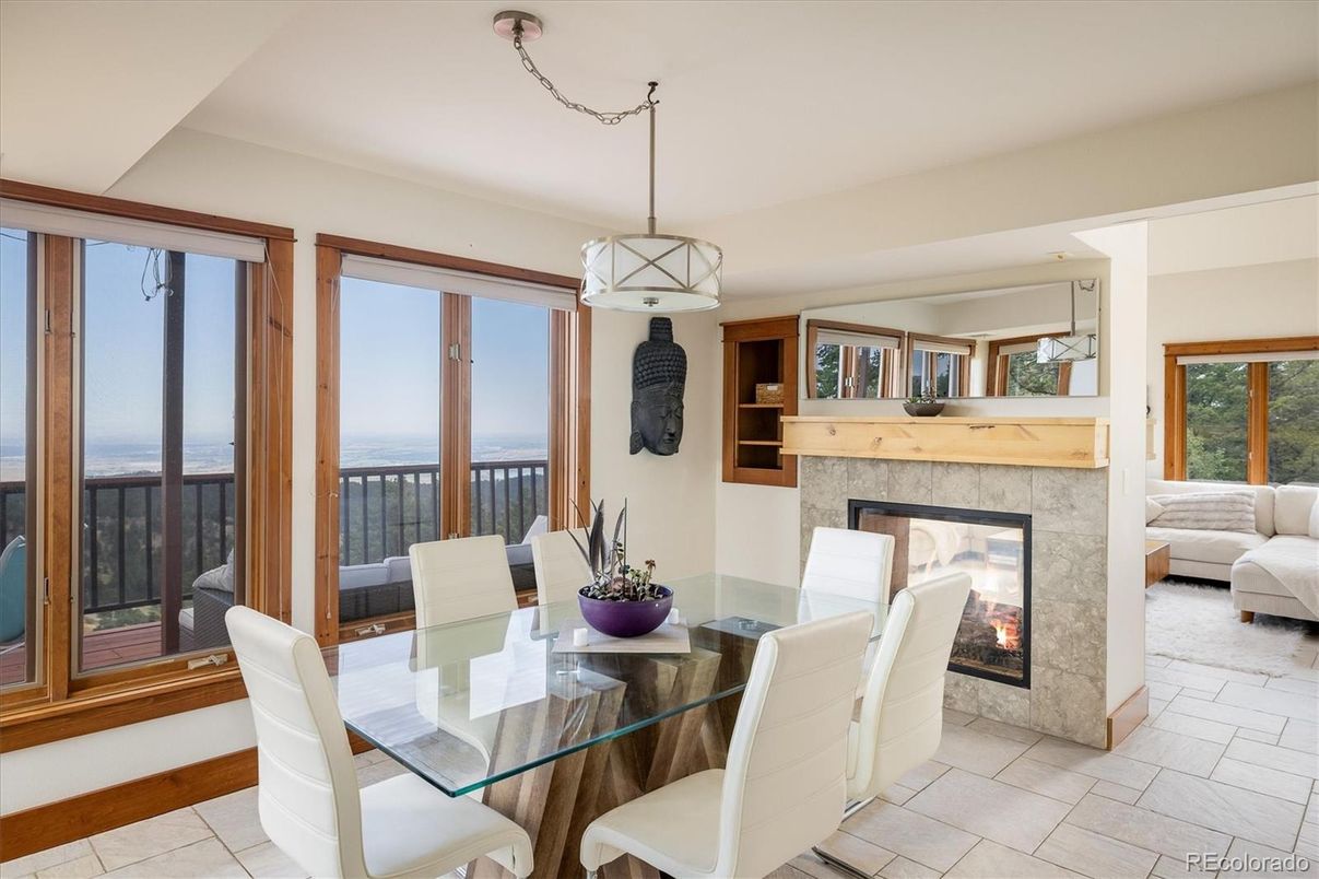 Dining room, Fireplace, Interior, Pendant Lights, Water