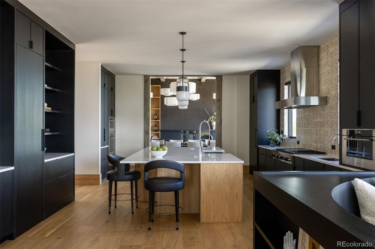 Chandelier, Interior, Kitchen, Pendant Lights, Stainless Steel Appliances, Wood Texture Flooring