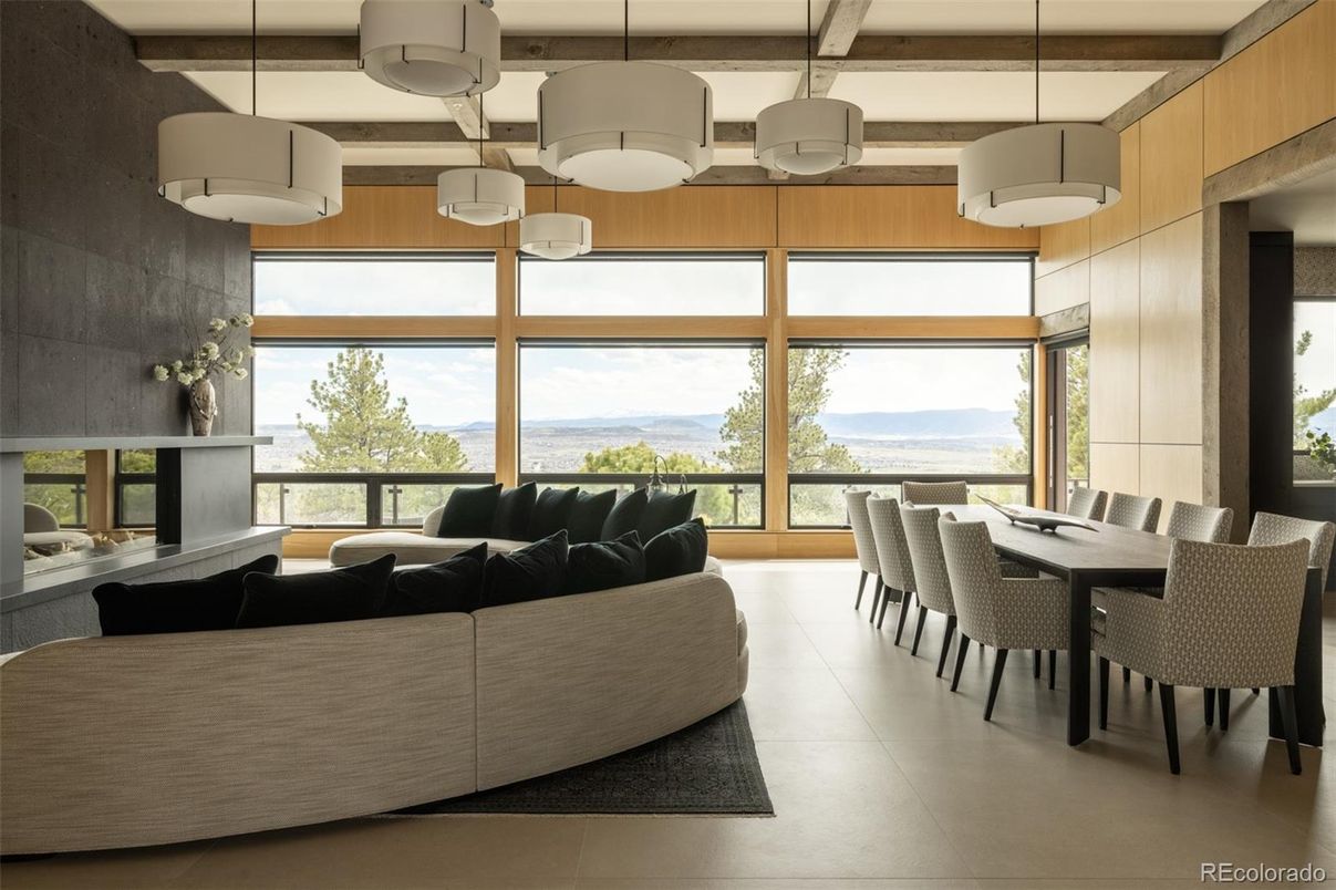 Dining room, Interior, Living room, Pendant Lights, Water, Wooden Beams