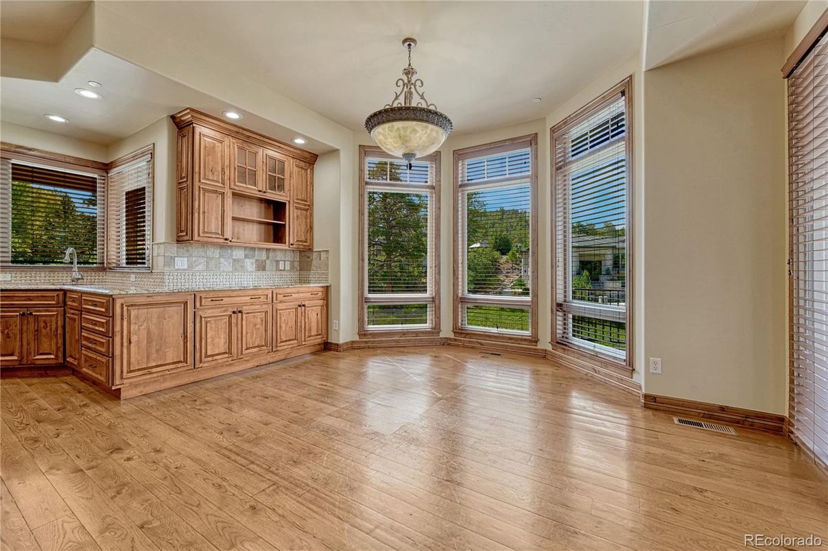 Empty room, Interior, Kitchen, Pendant Lights, Recessed Lighting, Wood Texture Flooring