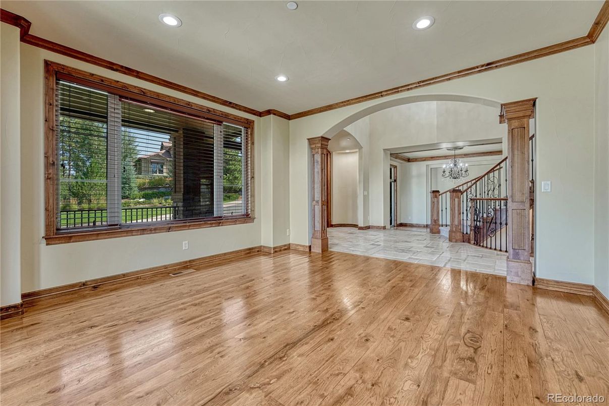 Chandelier, Empty room, Interior, Recessed Lighting, Wood Texture Flooring