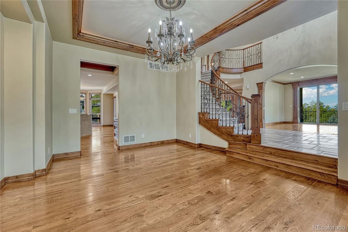 Chandelier, Interior, Recessed Lighting, Wood Texture Flooring