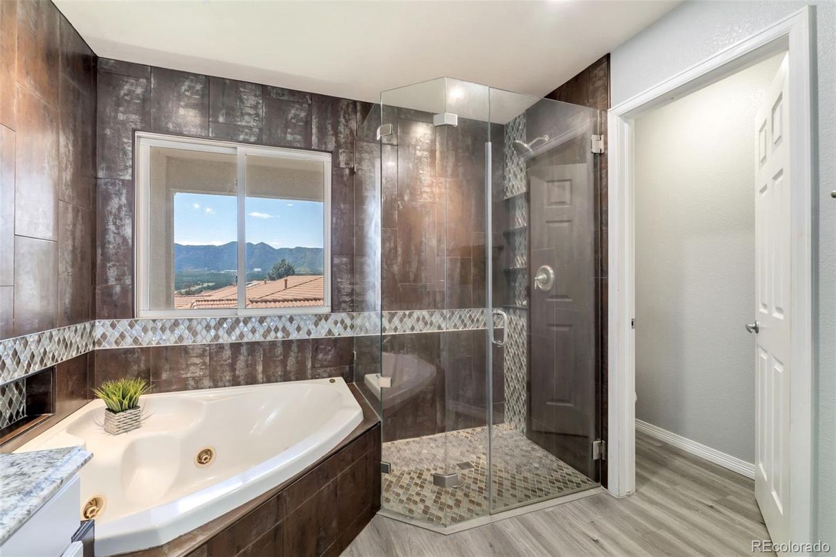 Bathroom, Glass Shower, Interior, Wood Texture Flooring