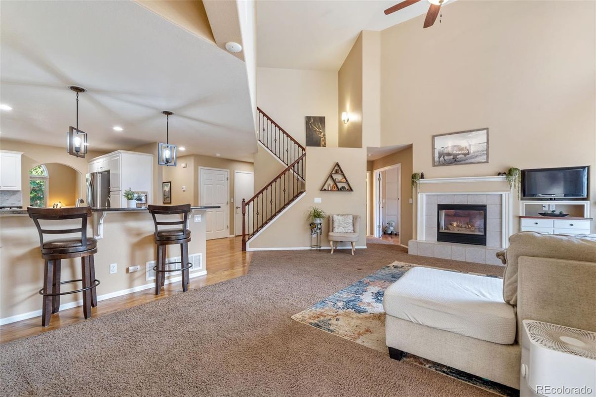 Fireplace, Interior, Kitchen, Pendant Lights, Recessed Lighting, Wood Texture Flooring