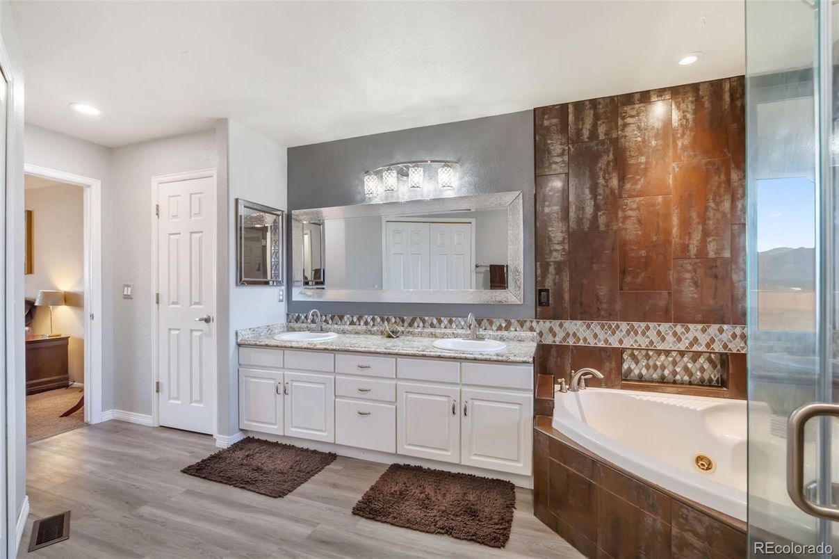 Bathroom, Dual Sink Vanities, Interior, Recessed Lighting, Wood Texture Flooring
