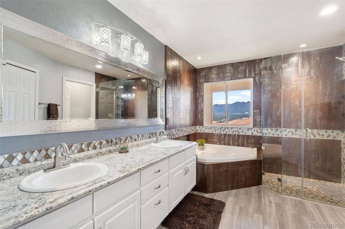 Bathroom, Dual Sink Vanities, Glass Shower, Interior, Recessed Lighting, Wood Texture Flooring