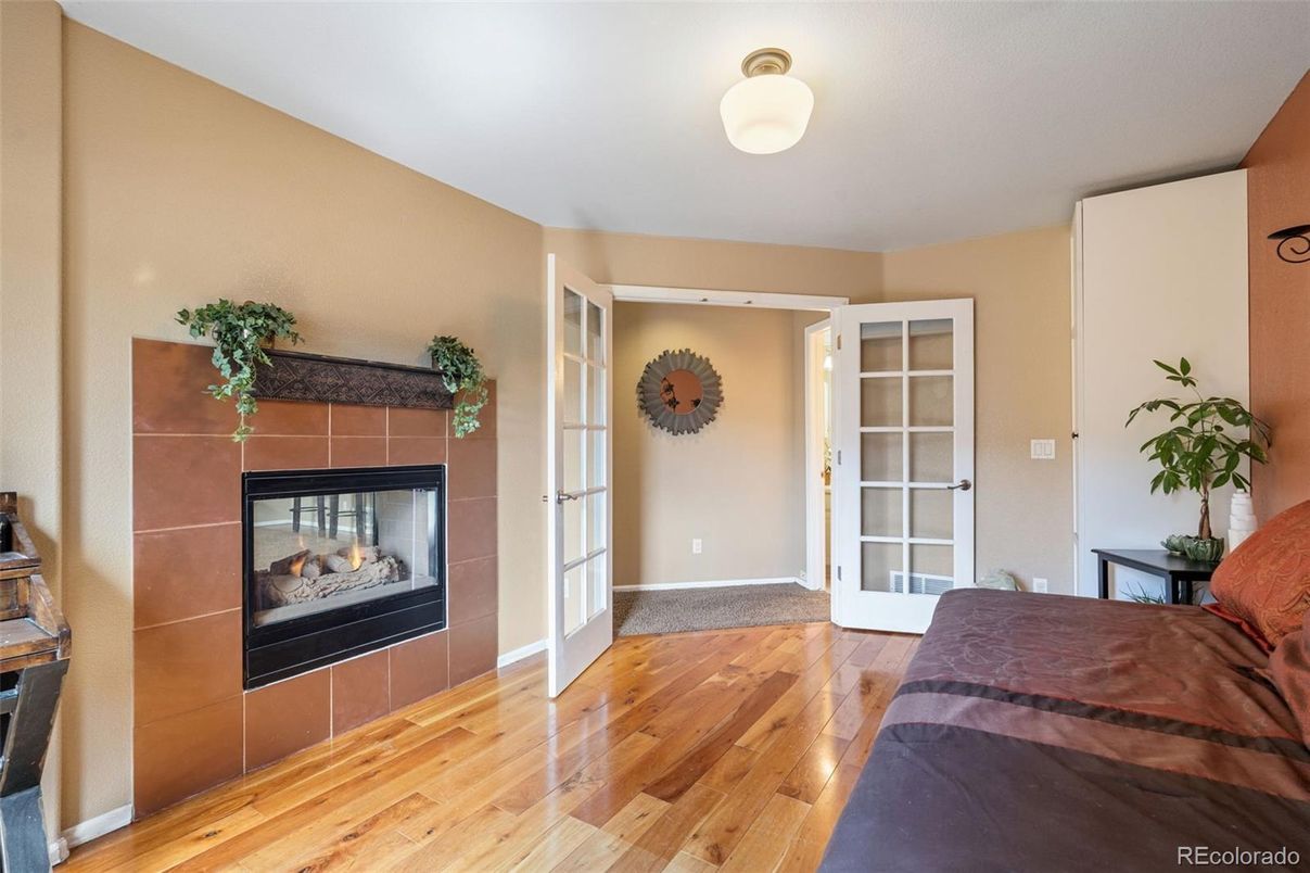Bedroom, Fireplace, Interior, Wood Texture Flooring