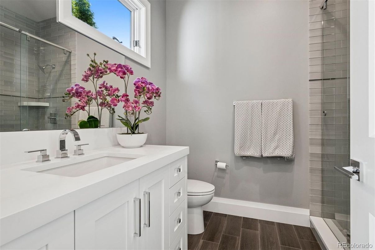 Bathroom, Glass Shower, Interior, Wood Texture Flooring
