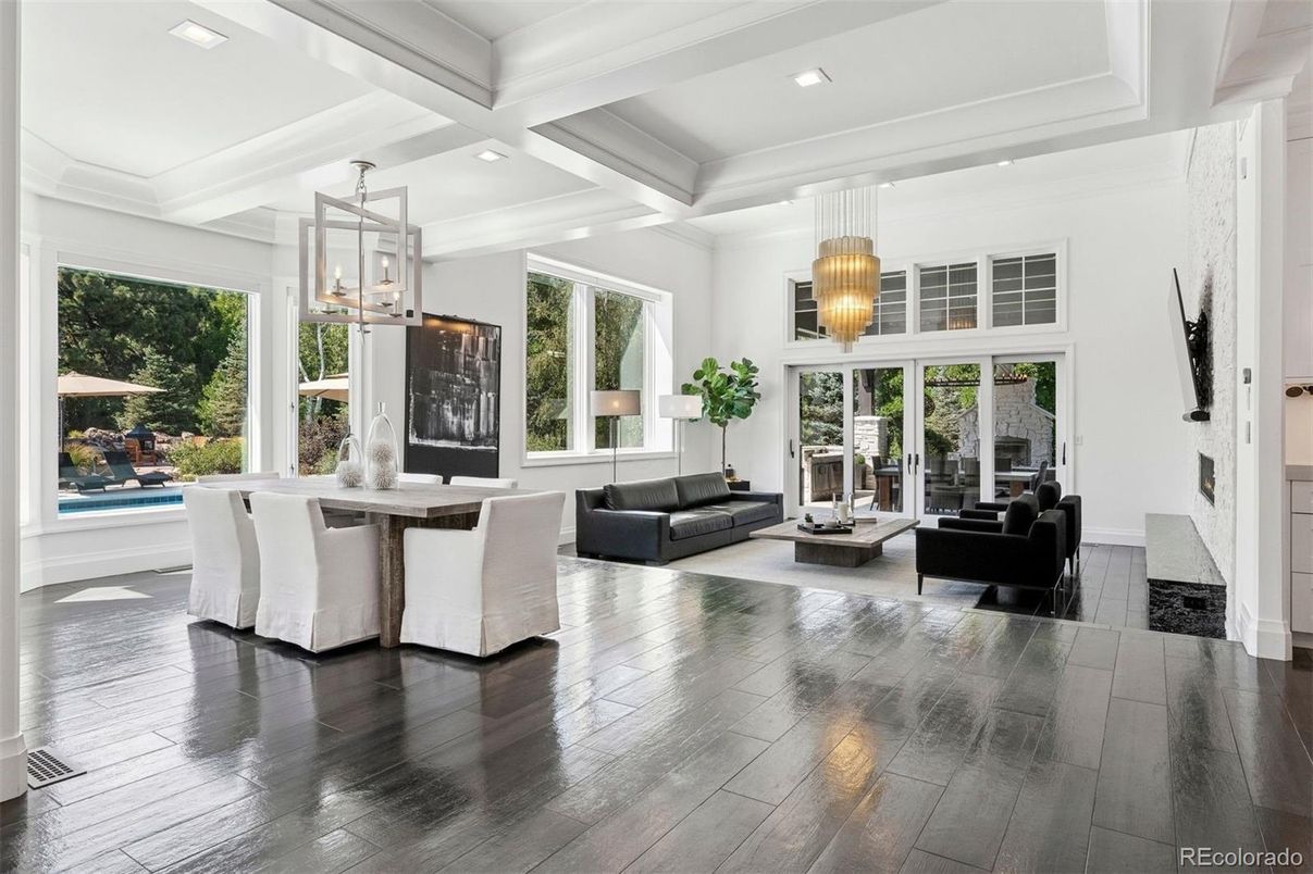 Dining room, Fireplace, Interior, Living room, Pendant Lights, Recessed Lighting, Wood Texture Flooring