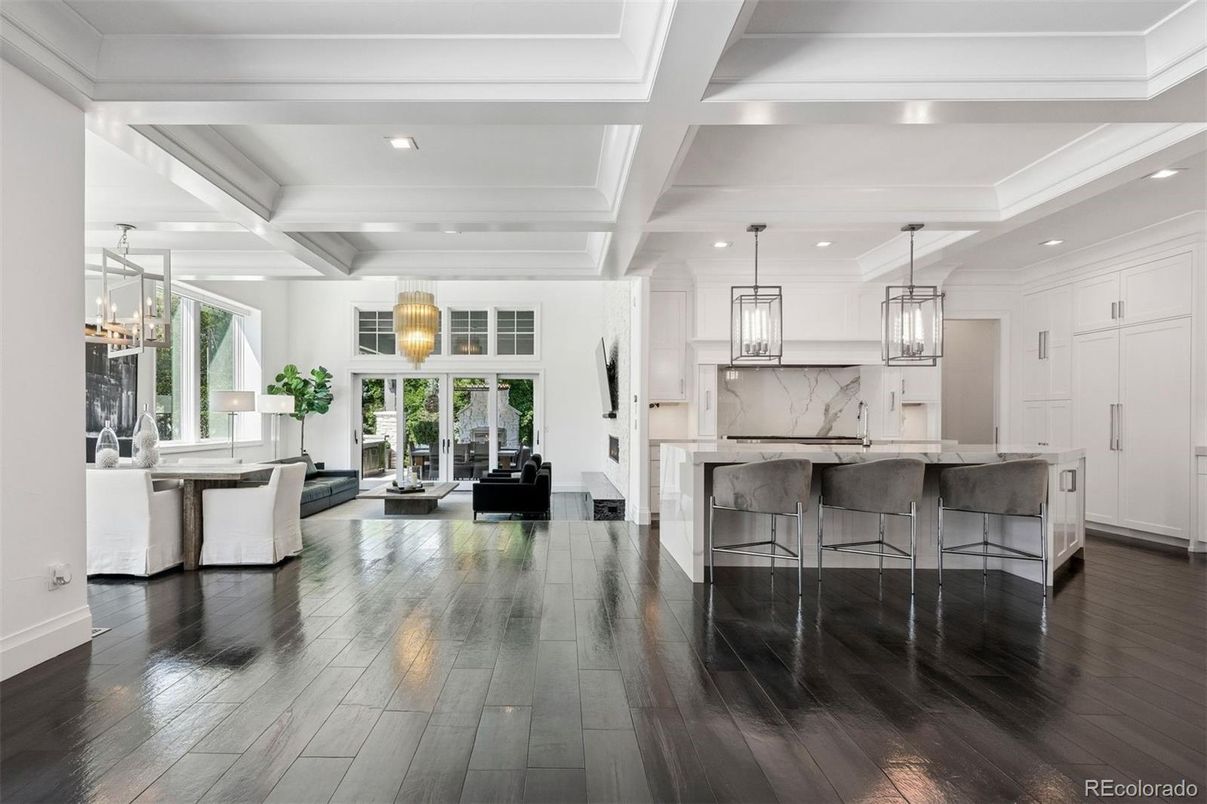 Interior, Kitchen, Living room, Marble Walls, Pendant Lights, Recessed Lighting, Wood Texture Flooring