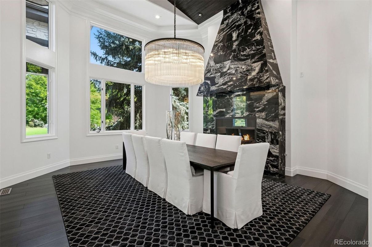 Chandelier, Dining room, Fireplace, Interior, Recessed Lighting, Wood Texture Flooring