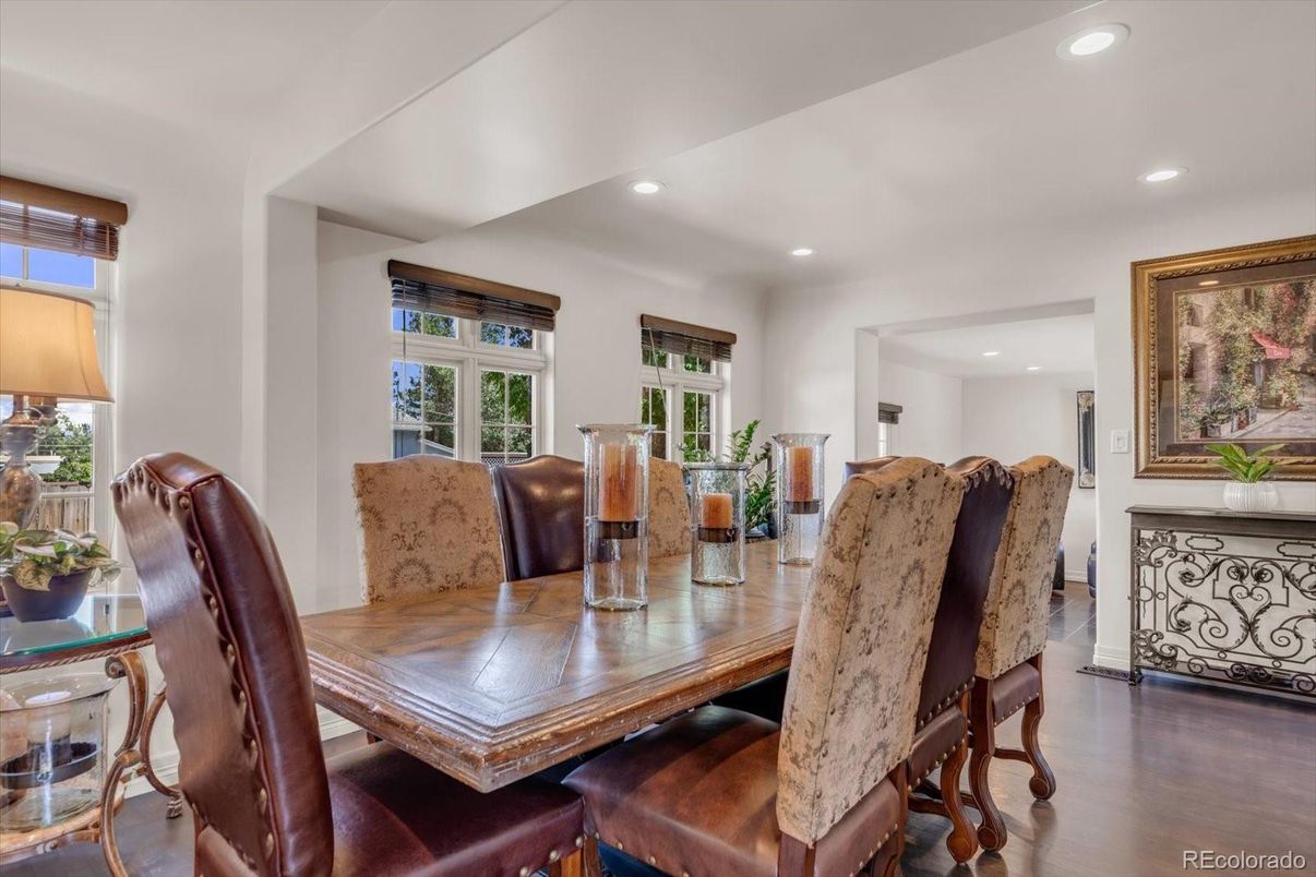 Dining room, Interior, Recessed Lighting, Wood Texture Flooring