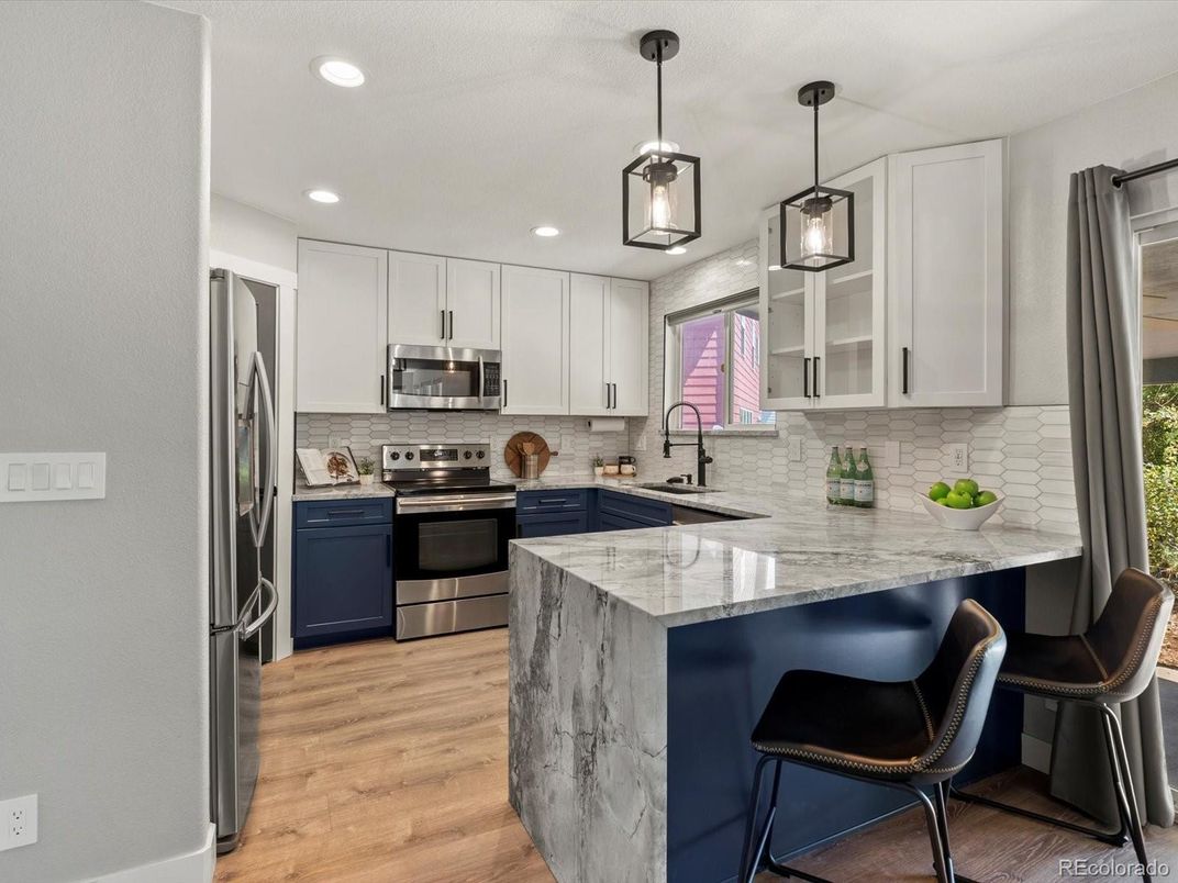 Interior, Kitchen, Pendant Lights, Recessed Lighting, Stainless Steel Appliances, Wood Texture Flooring