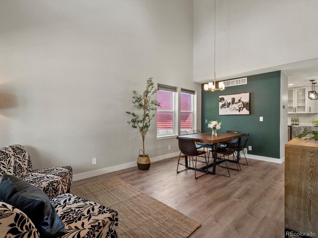 Dining room, Interior, Pendant Lights, Wood Texture Flooring