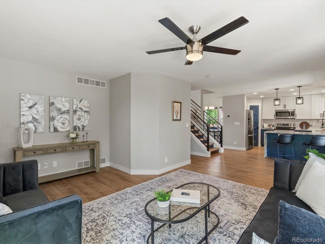Interior, Kitchen, Living room, Recessed Lighting, Stainless Steel Appliances, Wood Texture Flooring