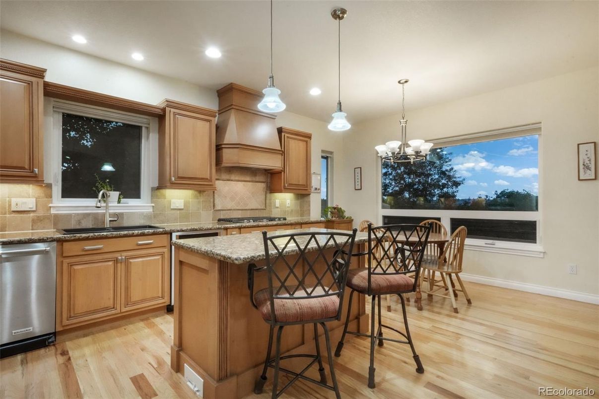 Chandelier, Interior, Kitchen, Pendant Lights, Recessed Lighting, Stainless Steel Appliances, Wood Texture Flooring
