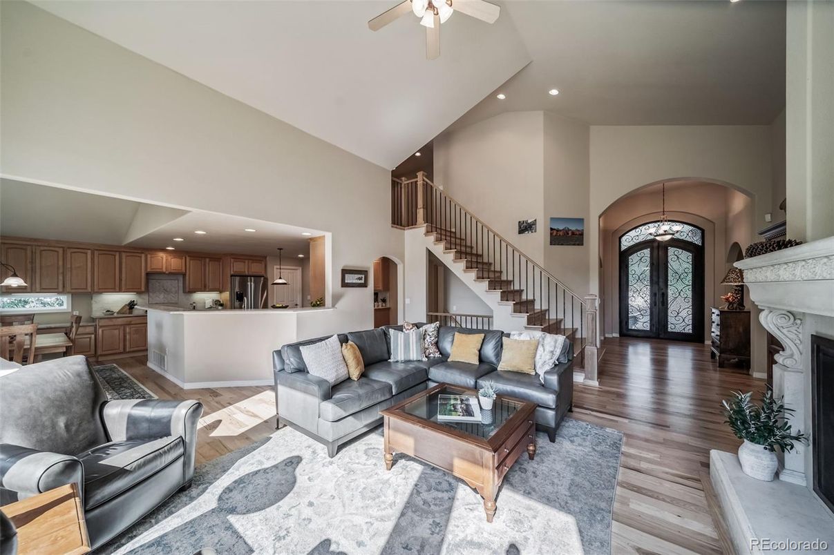 Fireplace, Interior, Kitchen, Living room, Recessed Lighting, Wood Texture Flooring