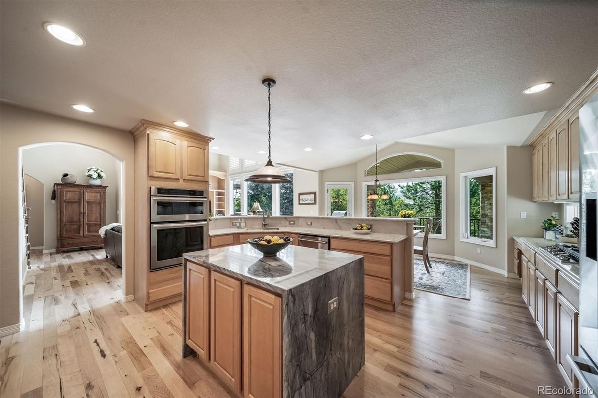 Interior, Kitchen, Pendant Lights, Recessed Lighting, Stainless Steel Appliances, Wood Texture Flooring