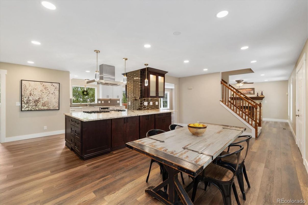 Dining room, Interior, Kitchen, Pendant Lights, Recessed Lighting, Wood Texture Flooring