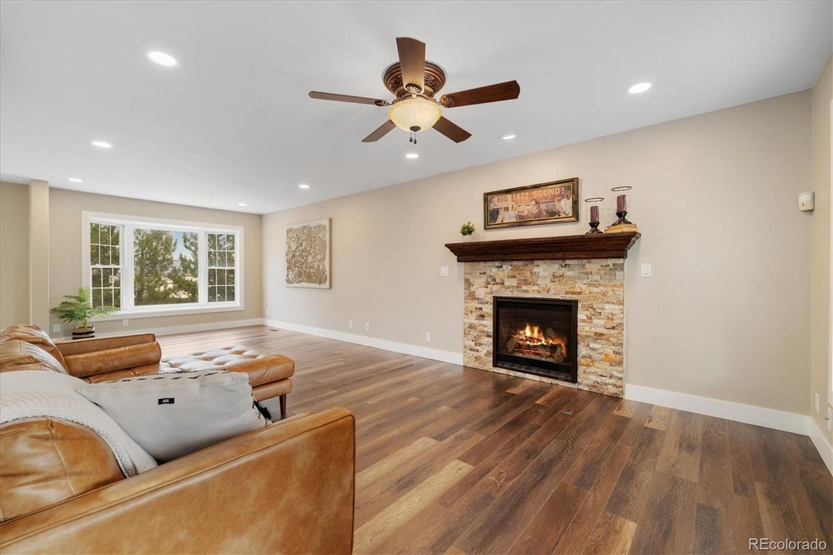 Fireplace, Interior, Living room, Recessed Lighting, Wood Texture Flooring