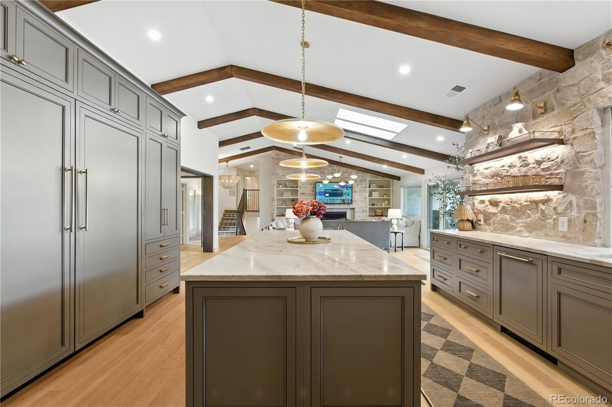Interior, Kitchen, Pendant Lights, Recessed Lighting, Stone Walls, Wooden Beams, Wood Texture Flooring