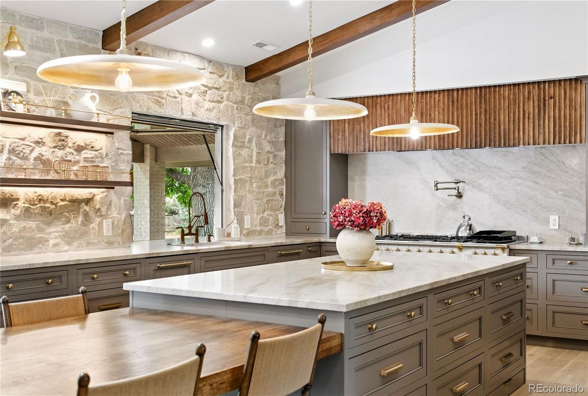 Interior, Kitchen, Pendant Lights, Recessed Lighting, Stainless Steel Appliances, Stone Walls, Wooden Beams, Wood Texture Flooring