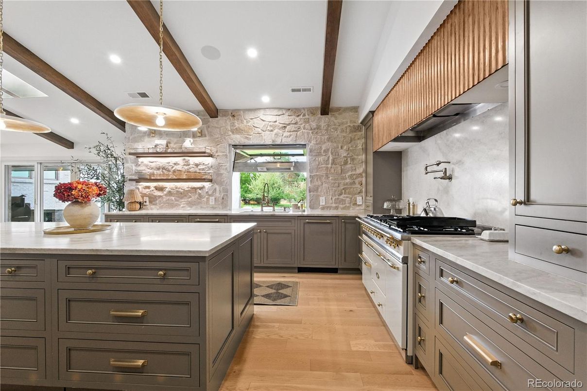 Interior, Kitchen, Pendant Lights, Recessed Lighting, Stainless Steel Appliances, Stone Walls, Wooden Beams, Wood Texture Flooring