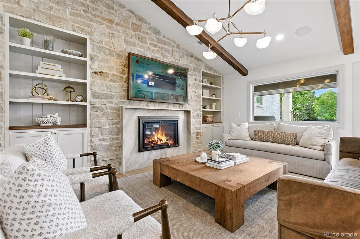 Fireplace, Interior, Living room, Pendant Lights, Recessed Lighting, Stone Walls, Wooden Beams