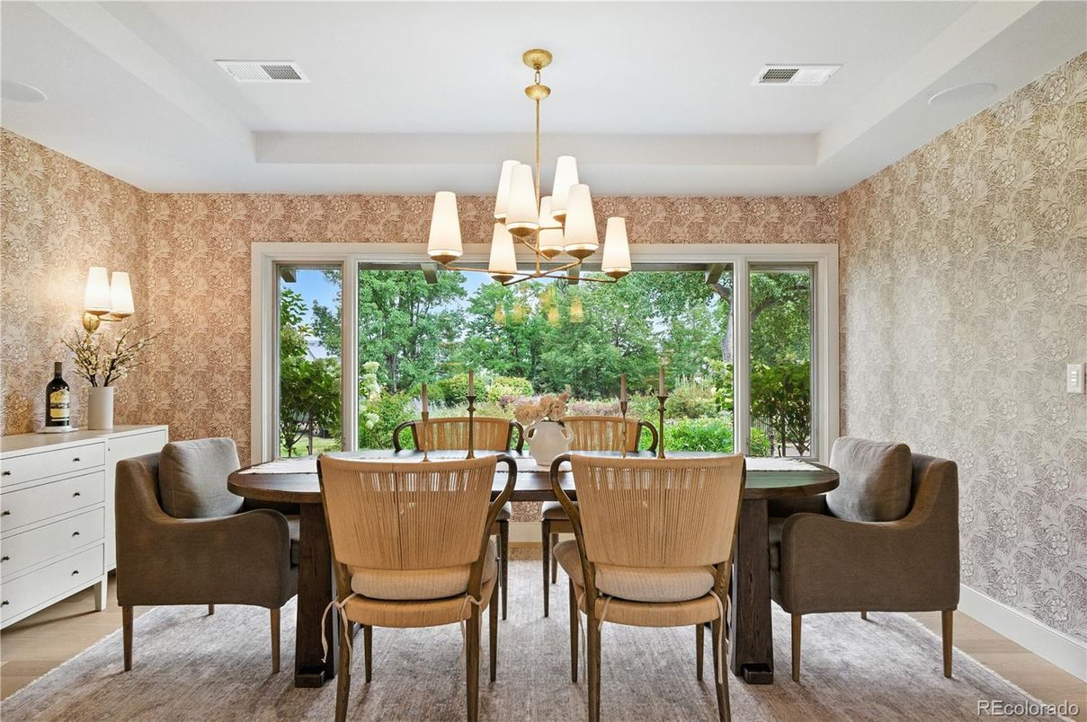 Chandelier, Dining room, Interior, Wood Texture Flooring