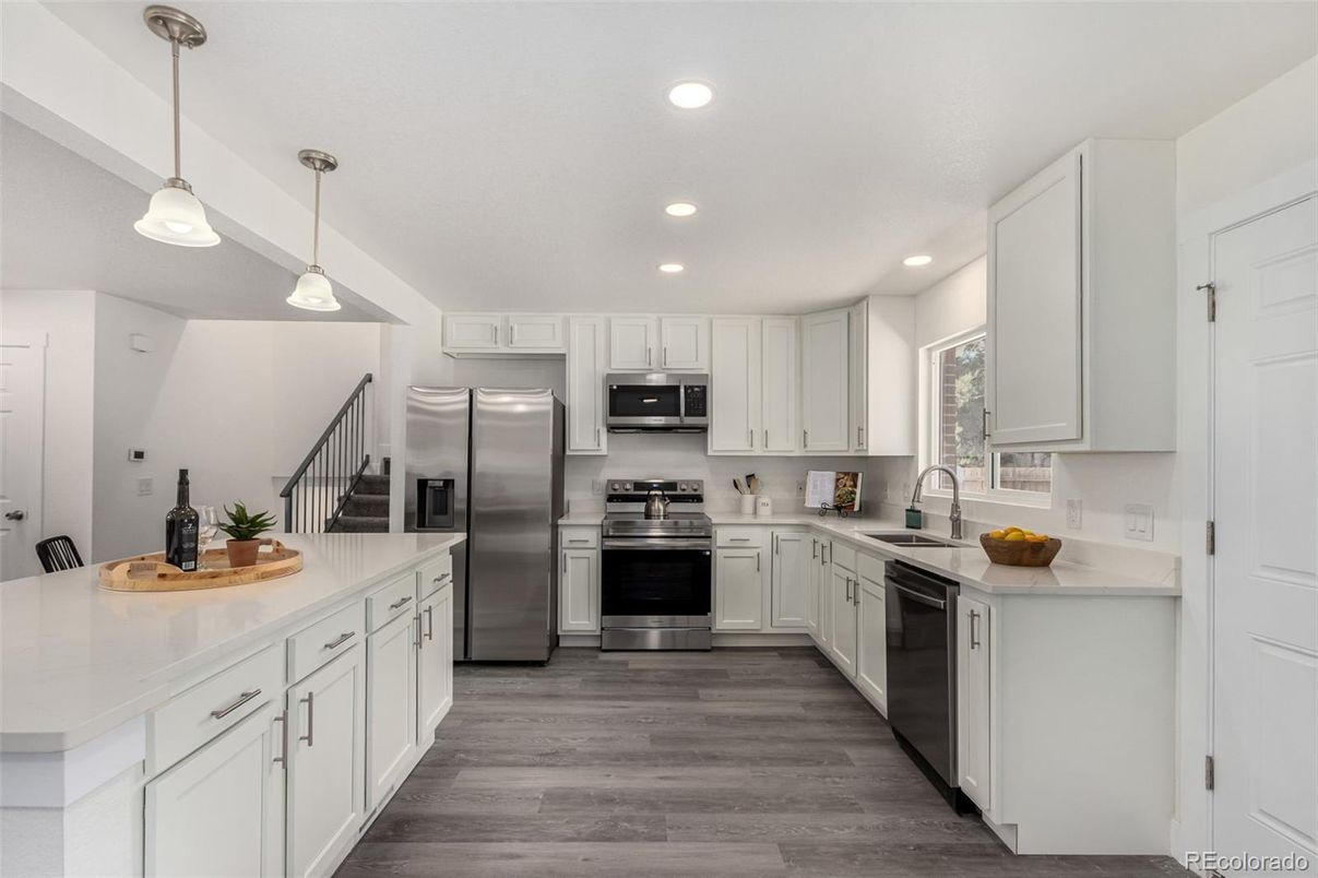 Interior, Kitchen, Pendant Lights, Recessed Lighting, Stainless Steel Appliances, Wood Texture Flooring