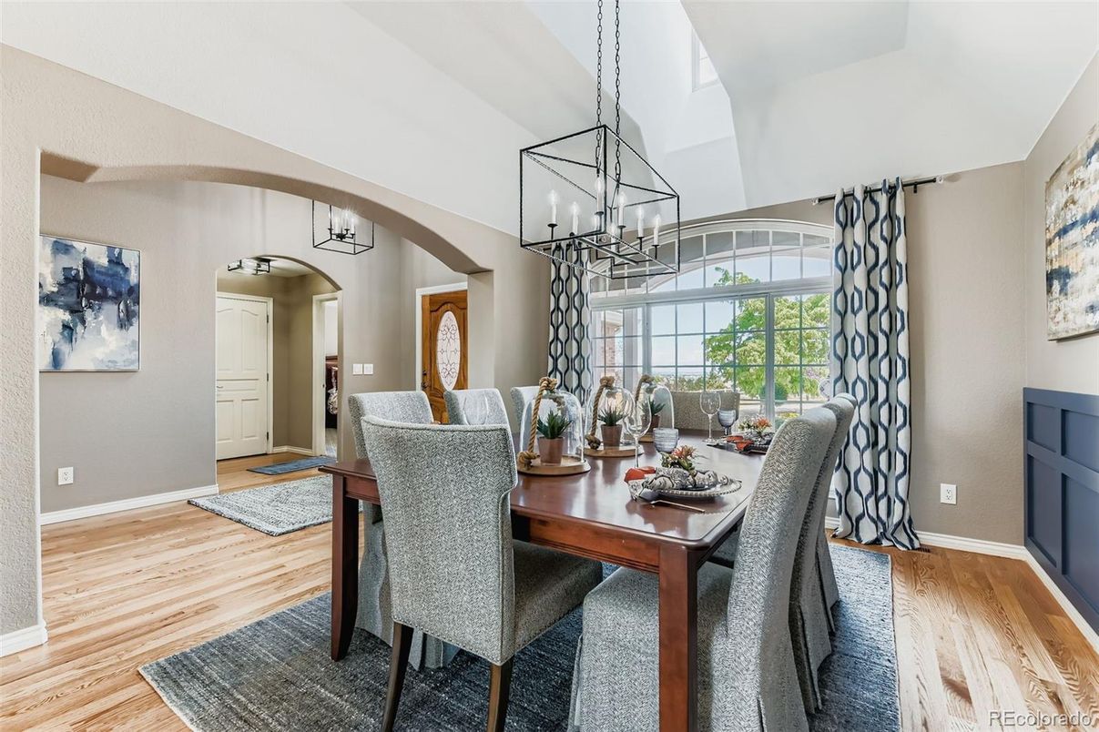 Dining room, Interior, Pendant Lights, Wood Texture Flooring